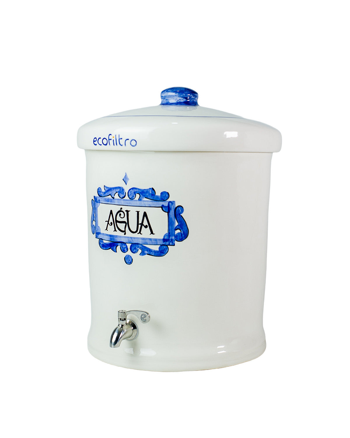 Ecofiltro Agua ceramic natural gravity water filter with white container and blue hand-painted design.