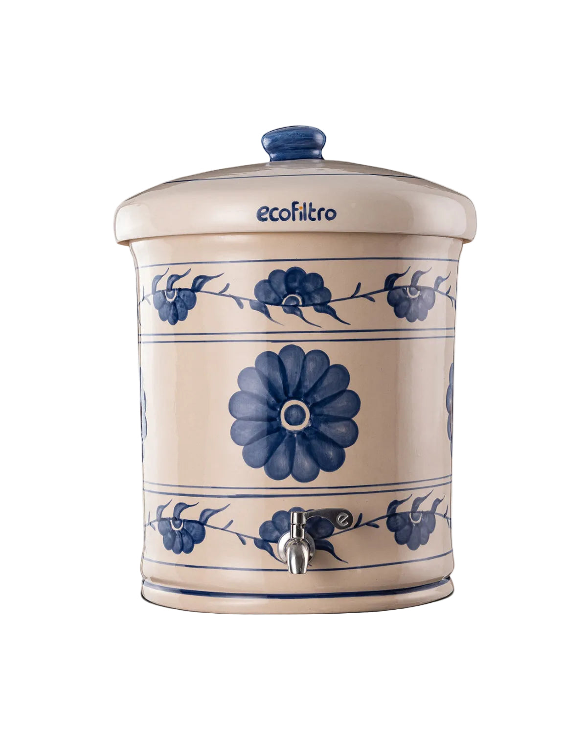 Ecofiltro Flor Azul ceramic natural gravity water filter with blue hand-painted floral design.