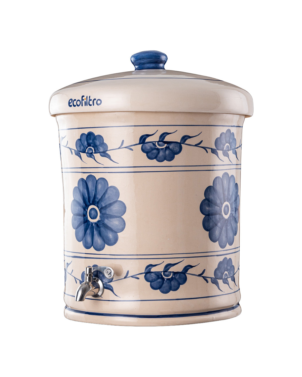 Ecofiltro Flor Azul ceramic natural gravity water filter with blue hand-painted floral design.