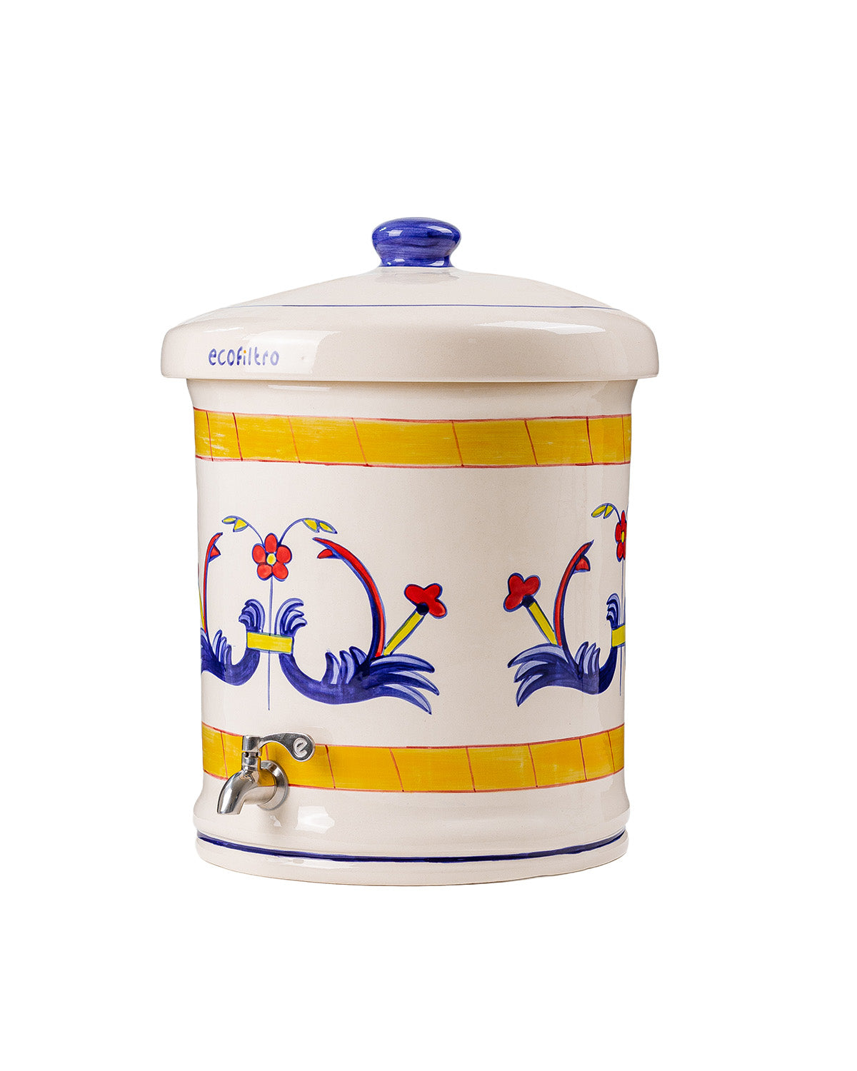 Ecofiltro Flor Silvestre ceramic natural gravity water filter with colorful hand-painted artisan design.