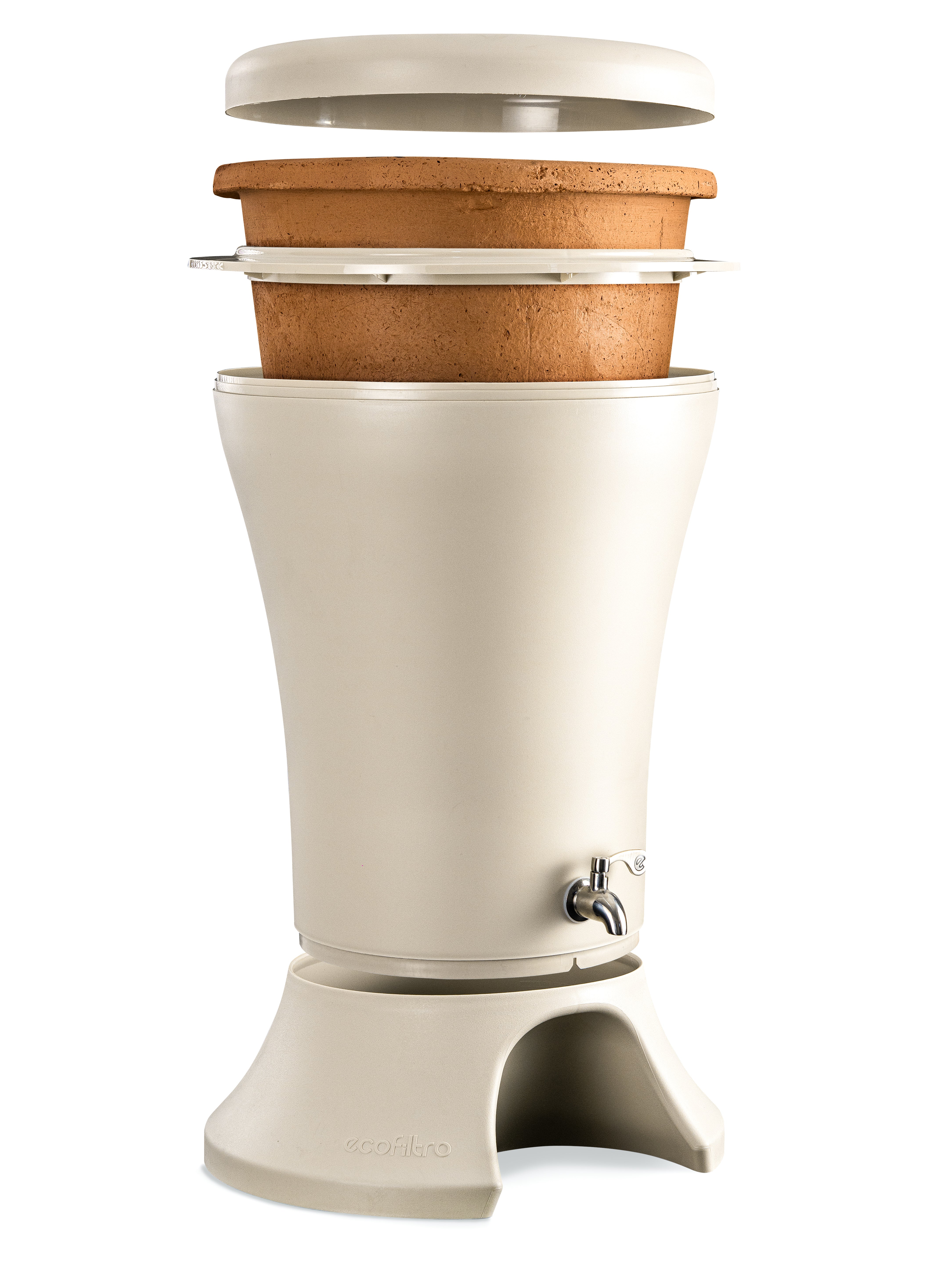 Ecofiltro Mazari Sand Beige natural gravity water filter with durable beige container.